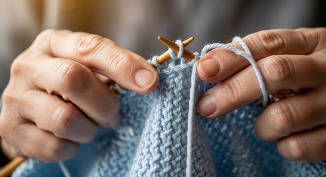 Close-up of hands knitting sweater.