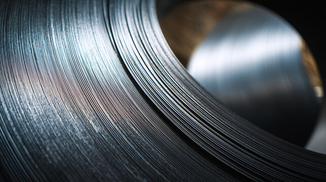 Close up of steel coil with fine metallic texture, showcasing industrial material, manufacturing quality, and modern engineering detail.