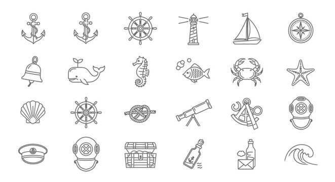 Nautical Icons Set: Anchor, Ship Wheel, Lighthouse, Sailboat, Compass, Whale, Seahorse