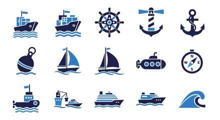 Nautical Icons Set: Ships, Anchor, Lighthouse, Compass, Sailboat, Submarine © Tisa