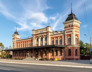 Fototapeta premium Historical Train Station Building with Architectural Details and Design.