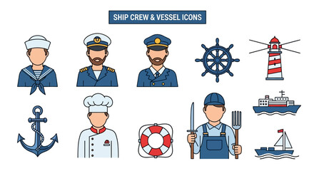 Fototapeta premium Nautical Icons: Ship Crew, Vessel, and Maritime Symbols Set