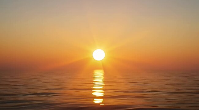 Serene golden hour sunset over the ocean with sun glare and reflections