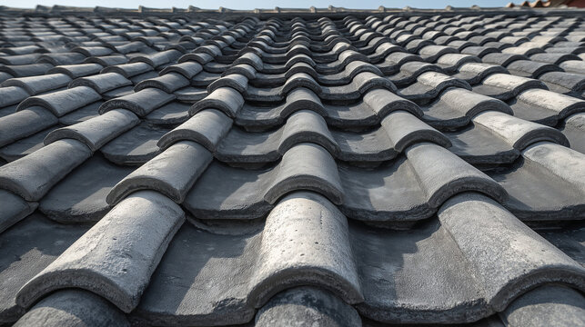 Close up of curved roof tiles pattern, showcasing texture, architecture, repetition, and traditional building design with geometric perspective.