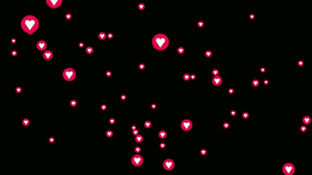Red heart fountain fly up animation on black background. Live streaming in love happy reaction video footage template. Love emoji flying loop. Colorful love emoji particles floating upwards motion.