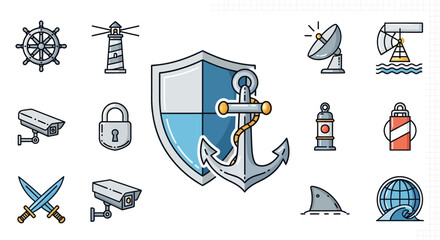 Nautical Security and Safety Icons: Anchor Shield, Lighthouse, CCTV, Lock, Shark © Tisa