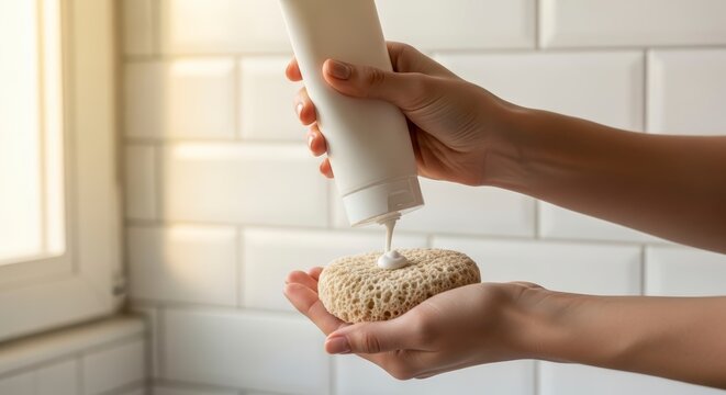 Woman applying soap to sponge hands.