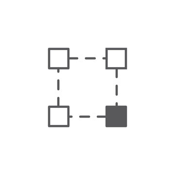 Minimalist grey line icon of a network with four squares and dashed lines for blockchain, connectivity, and digital system design.