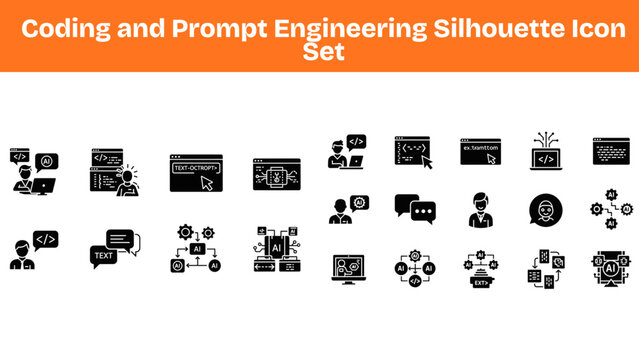 Coding and Prompt Engineering Silhouette Icon Set, Programming, AI Chatbot, Text Input Output, Software Development Vector Collection