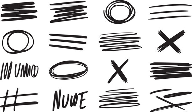 Hand drawn scribbles, crosses, circles and lines on grid.