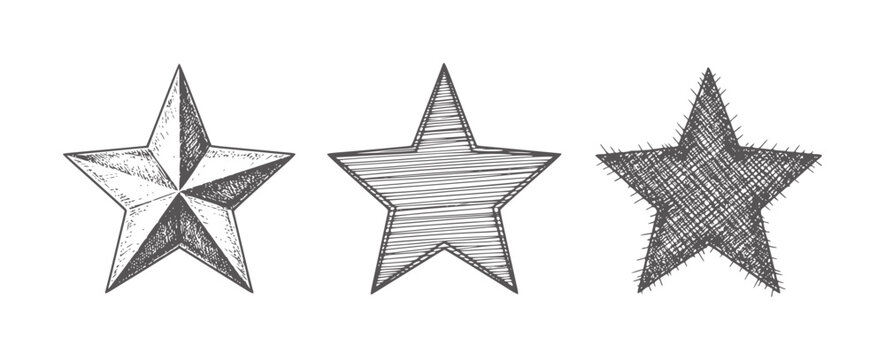 Three hand drawn stars in different styles white doodle symbol shape