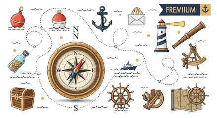 Nautical Vintage Travel Set: Compass, Anchor, Ship Wheel, Lighthouse, Treasure Chest © Tisa
