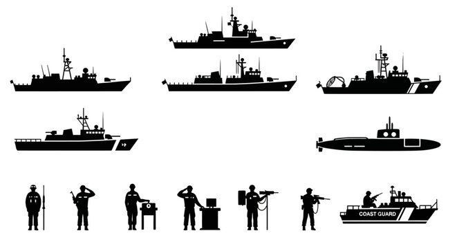 Naval Fleet Silhouette Collection: Ships, Submarine, and Crew Icons