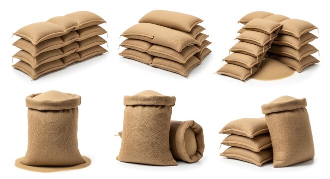 Collection of brown sandbags and burlap sacks filled with sand, isolated on a white background. Perfect for concepts of construction, flood defense, and storage.