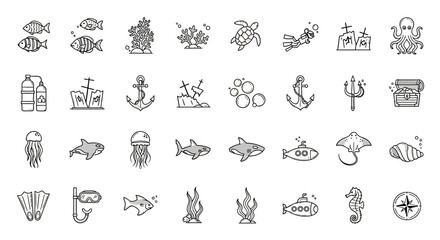 Ocean Underwater Life Icons Set: Sea Creatures, Diving, Ships, Treasure © Tisa
