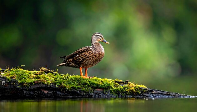 Mottled brown duck stands on mossy log in water, against a blurred green background
