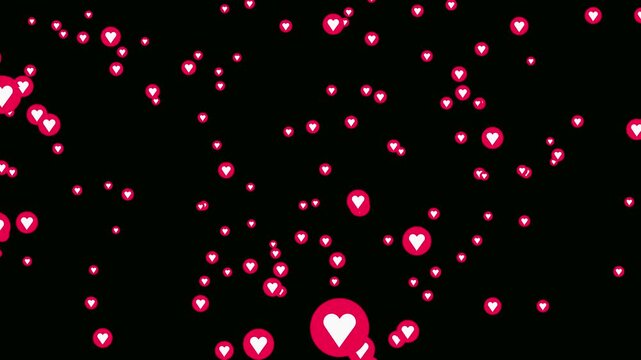 Red heart fountain fly up animation on black background. Live streaming in love happy reaction video footage template. Love emoji flying loop. Colorful love emoji particles floating upwards motion.