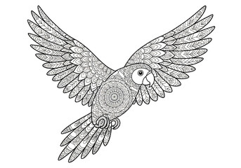 Obraz premium Intricate black and white mandala pattern parrot bird in full flight isolated on transparent background