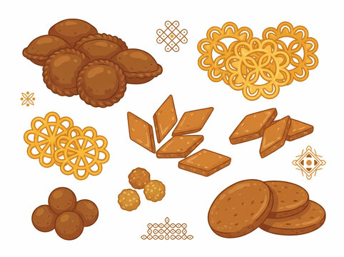 Sinhala and Tamil New Year Traditional Sweets Vector Set, Kavum Kokis Aluwa Mung Kavum Athirasa Avurudu Desserts, Sri Lankan Festive Food Illustrations, Colorful Flat Cultural Cuisine Collection Isola