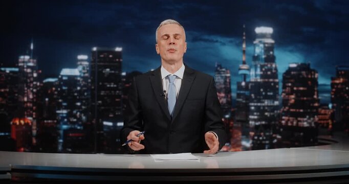 Serious Middle Aged Man Journalist in Blue Tie Sitting at Desk With Papers and Pen, Speaking With Passion Against Urban Nighttime Vista. Concept of Live Media Debate and Intense Talk Show Discussion.