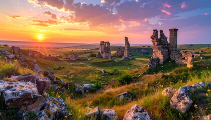 Fototapeta premium A serene landscape of ancient ruins at sunset
