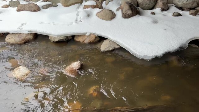 Close up of a small creek with running water flowing under a bridge with melting snow and ice on the rocks