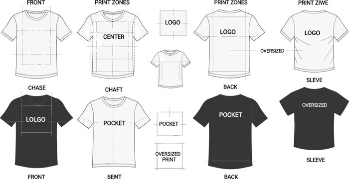 T Shirt Print Zones and Placement Illustration with Front, Back, Center, Pocket, Sleeve and Oversized Layout Guide for Apparel Design