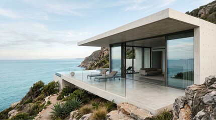Fototapeta premium Modern Minimalist Concrete Villa with Infinity Terrace and Ocean View, Generative AI