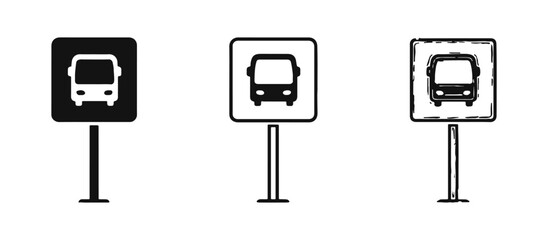 Bus Stop Sign Icon Set with Solid, Outline, and Hand-Drawn Styles, Public Transportation Symbol © drawing lines