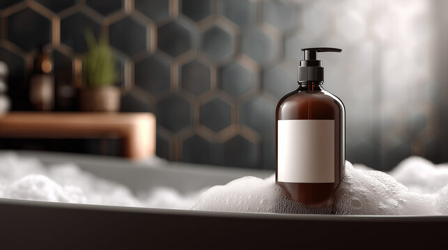 Brown pump bottle on bathroom counter with foam, representing skincare, hygiene, and modern personal care product in stylish interior setting.