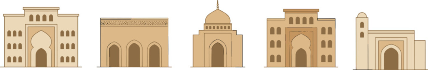 Cartoon Islamic architecture in colorful vector illustration of Middle Eastern buildings with arches, domes, and cultural design © MST