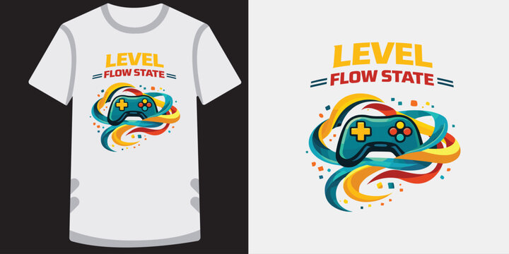 Level flow state t-shirt design concept with creative typography and game controller.