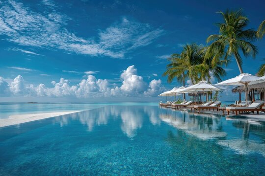 Tropical infinity pool overlooking the ocean with palm trees and loungers