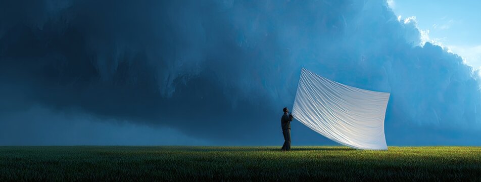 A person holding a white cloth against a stormy sky