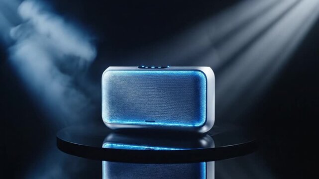 Futuristic portable speaker with blue LED lights and smoke effect, modern audio device