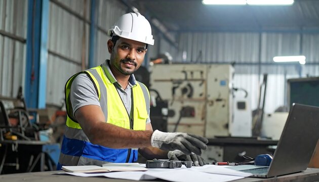 Man wearing safety gear works with tools and laptop inside a metal shop, looking at the viewer
