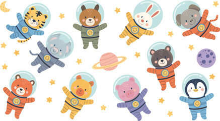 Cartoon space animals in colorful vector illustration of cute astronaut creatures floating with stars, moon, and planets design © MST