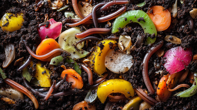 Close up of vermicomposting process with earthworms decomposing organic waste into nutrient rich compost, showcasing sustainable recycling and soil enrichment.