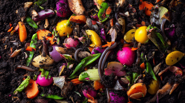 Close up of vermicomposting process with earthworms decomposing organic waste into nutrient rich compost, showcasing sustainable recycling and soil enrichment.