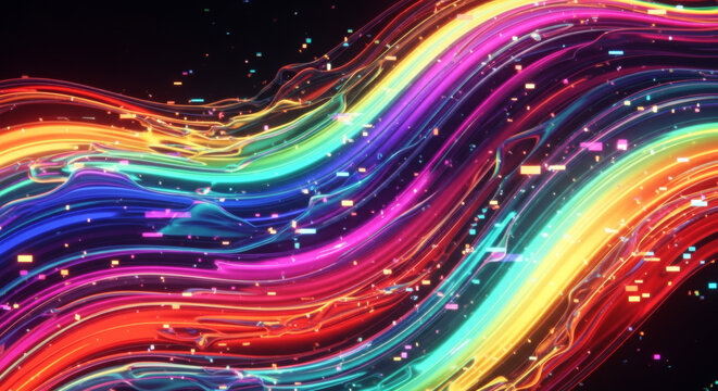 虹色に輝く流動的な抽象背景。カラフルなネオンの光の波とエネルギー。