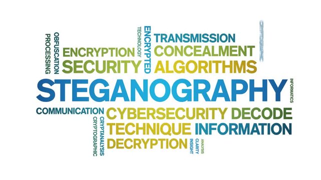 Steganography animated word cloud-text design animation tag kinetic typography seamless loop.