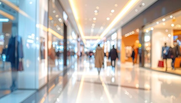 Blurred image of a bustling indoor retail space, shoppers strolling