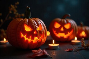 Fototapeta premium Intricate pumpkin carvings illuminated by flickering candle flames, candle, flame, craft