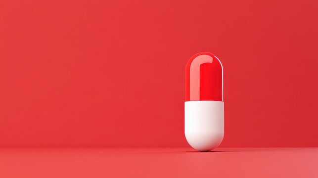 Single red and white capsule on red background.