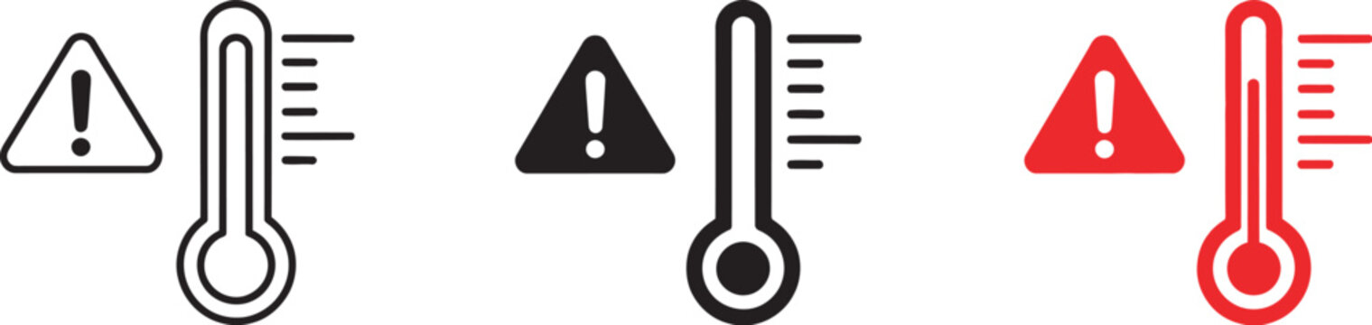 Thermometer threat level icon vector set, heat fever danger symbols, medical alert icons, flat minimal design, scalable editable illustration pack