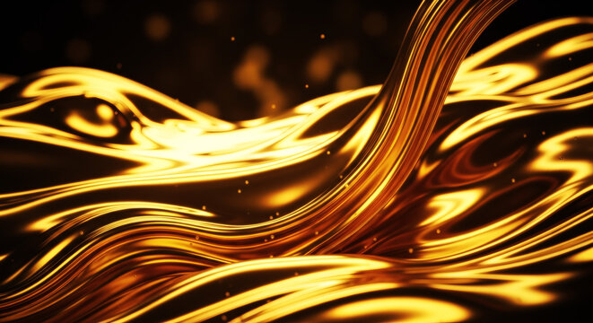 黄金色に輝く液体の抽象的な波と流動的なテクスチャの背景素材