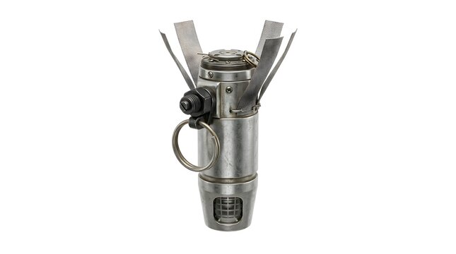 Modular Cluster Bomb Submunition with Stabilizing Ribbon and Pull Ring, Isolated on White