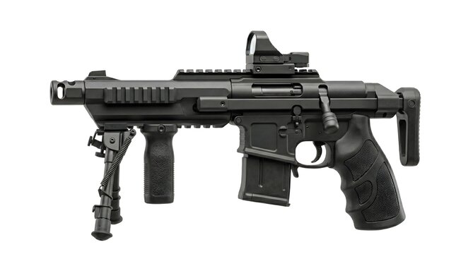 Modern Matte Black Tactical DMR Rifle with Red Dot Optic and Bipod, Isolated on White