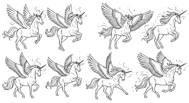 Fantasy Horse Vector Set with Unicorn and Pegasus Line Art