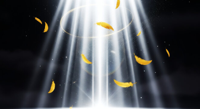 神秘的な光の柱と舞い踊る黄金の羽根の幻想的な背景